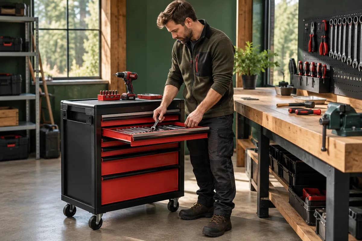 Mécanicien devant une servante d'atelier rouge