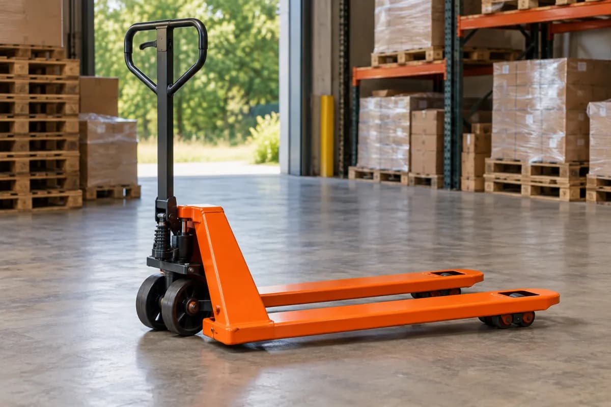 Transpalette orange dans un entrepôt