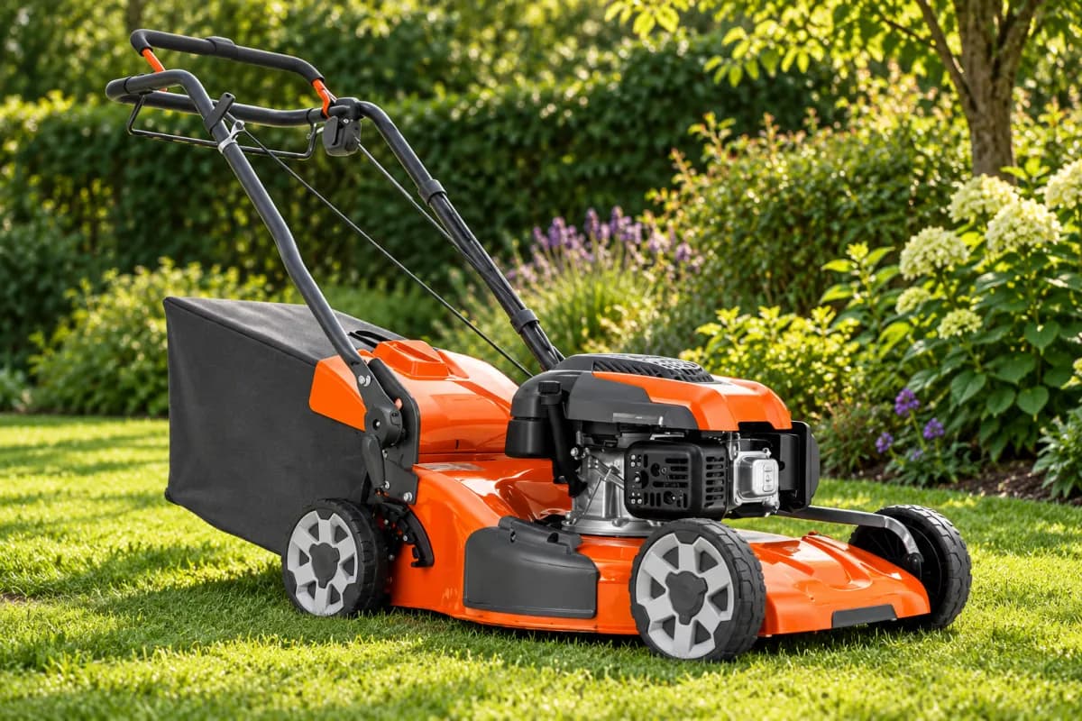 Tondeuse thermique orange sur une pelouse